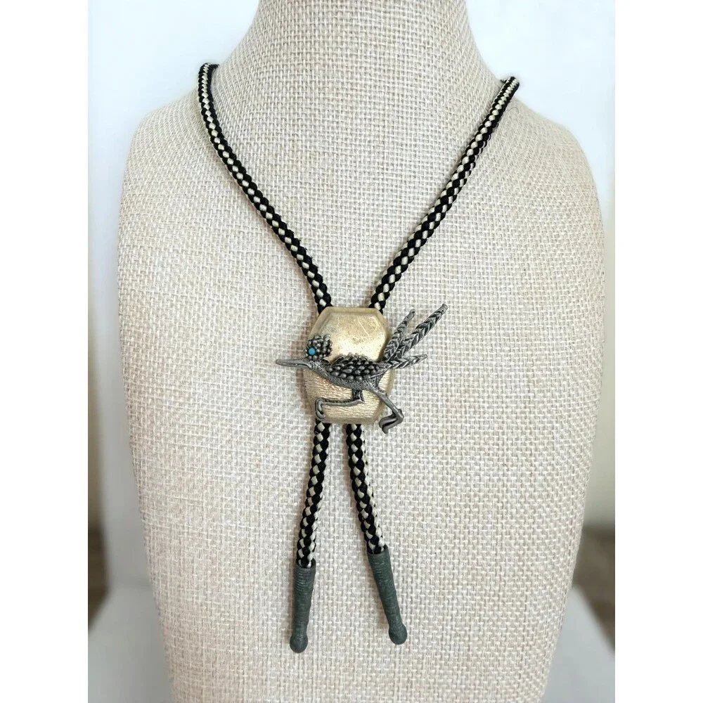 Vintage Southwestern Roadrunner Bolo Tie Turquoise Eye Black White Cord
